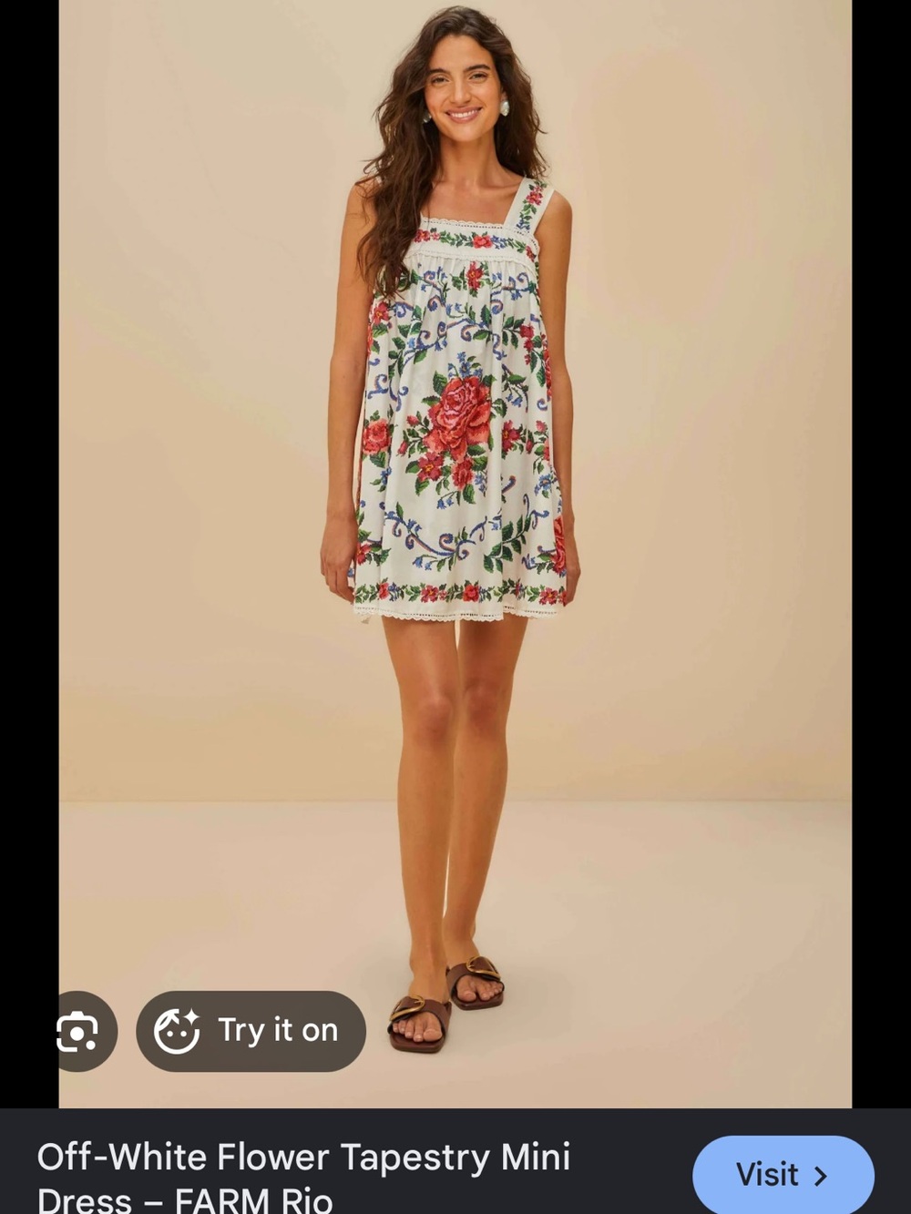 FARM Rio Off-White Mini Dress with Red Floral Tapestry